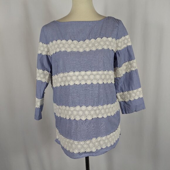 Banana Republic Chambray Blouse Lace Doily Stripes 3/4 Sleeves Womens Sz Medium - Picture 1 of 9